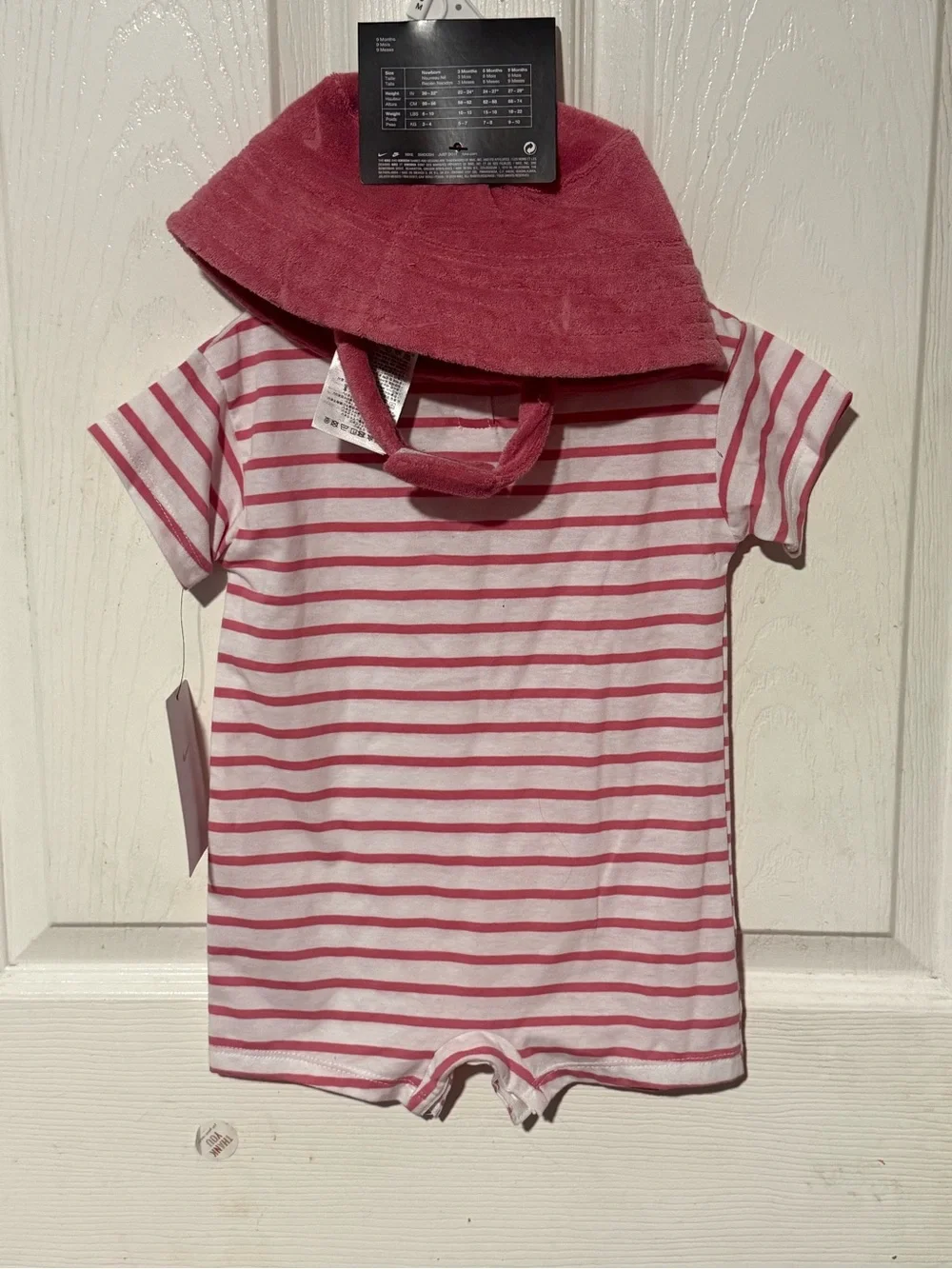 Nike Pink & White Striped Kids Short-Sleeve Romper with Matching Hat - Picture 3 of 4